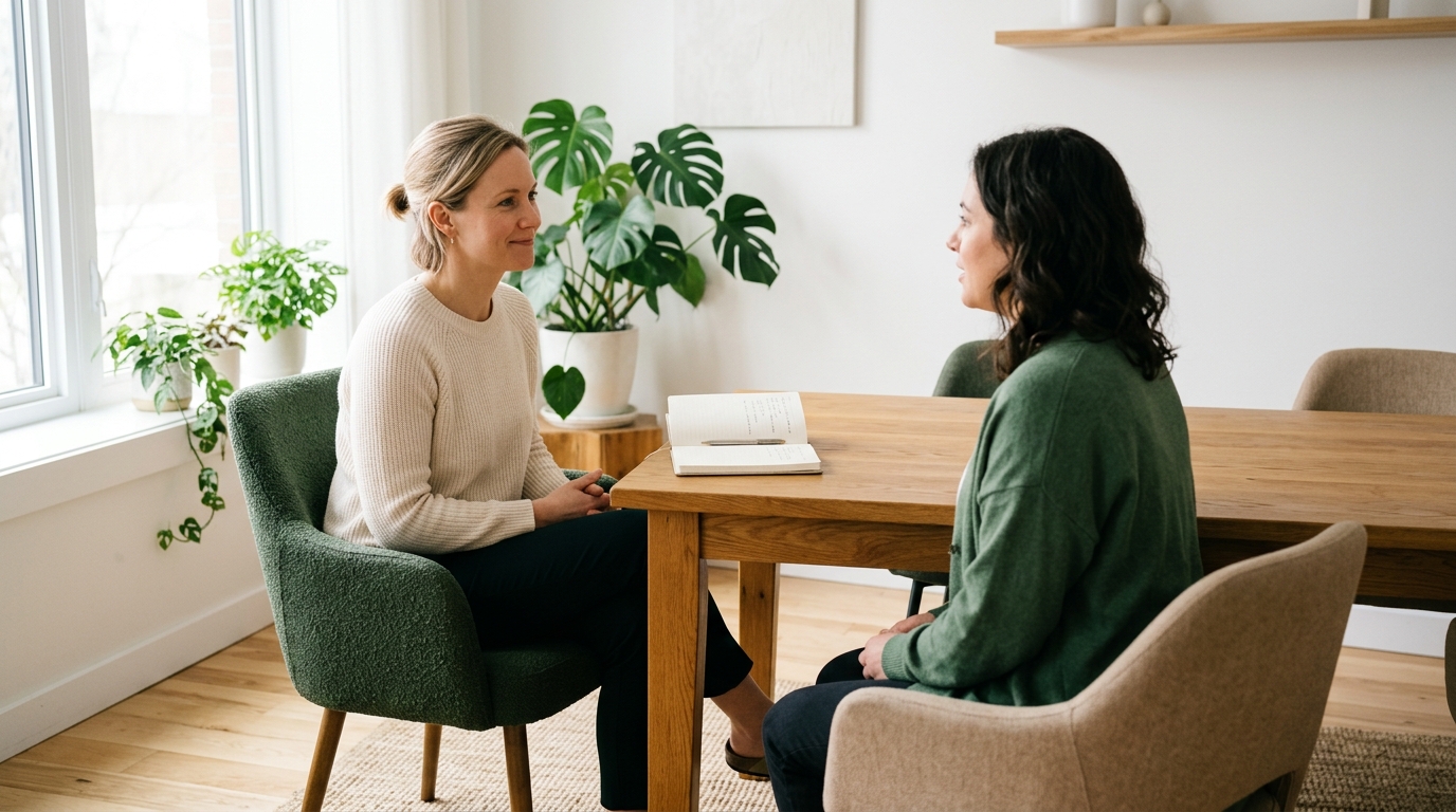 Coaching-Situation &ndash; zwei Frauen im Gespr&auml;ch an einem warmen Holztisch