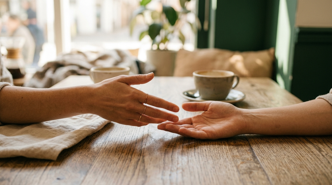 Eine offene, einladende Hand &uuml;ber einem warmen Holztisch &ndash; Symbol f&uuml;r echte Coaching-Haltung
