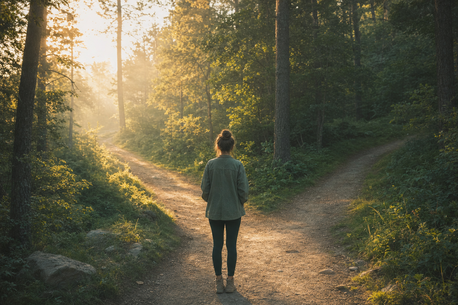 Gabelung auf einem Waldweg im Morgenlicht &ndash; Symbol f&uuml;r die Entscheidung, eine Gewohnheit zu &auml;ndern