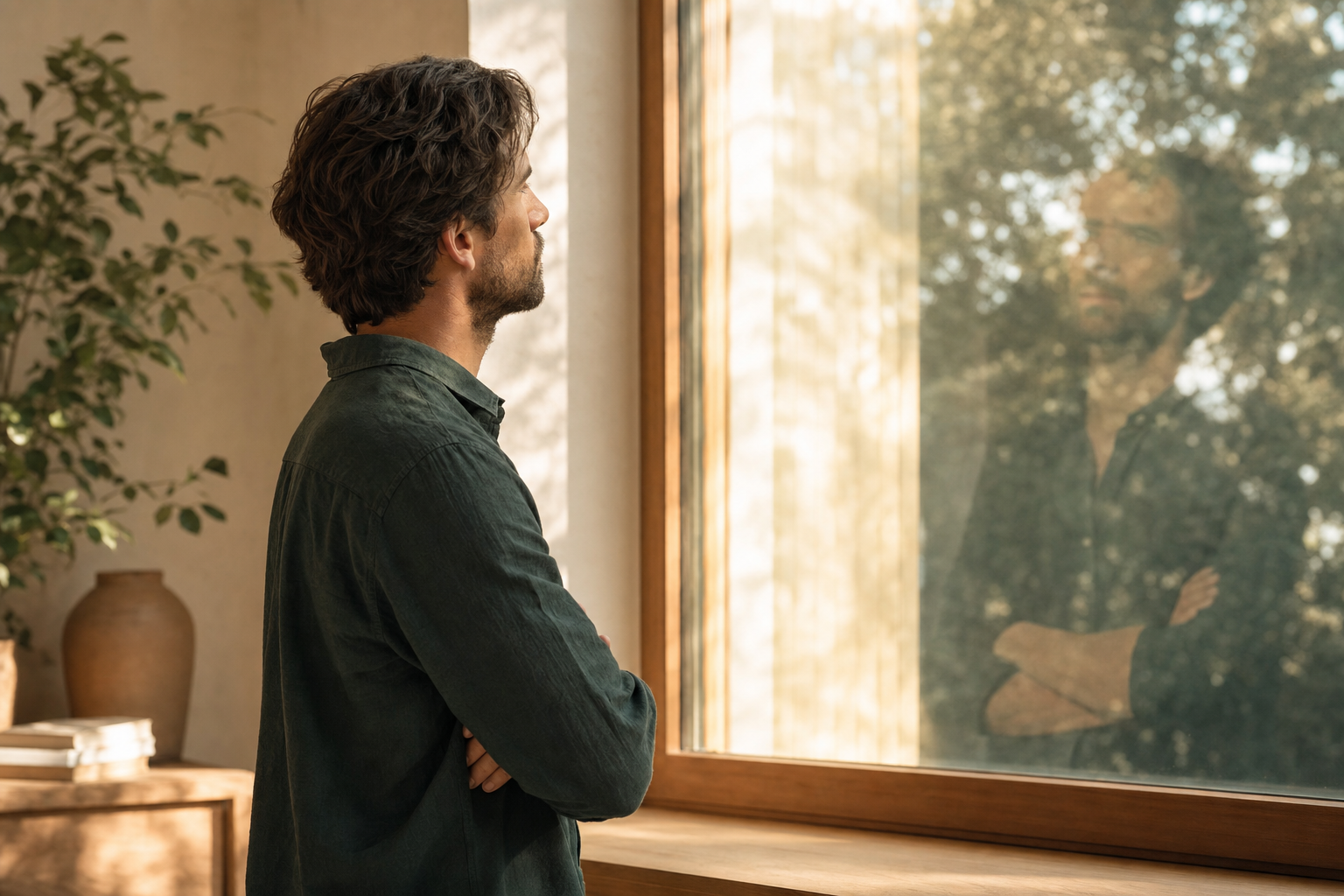 Eine nachdenkliche Person an einem warmen Fenster im Morgenlicht beobachtet eine schwache Spiegelung &ndash; Symbol f&uuml;r das Lernen von Vorbildern