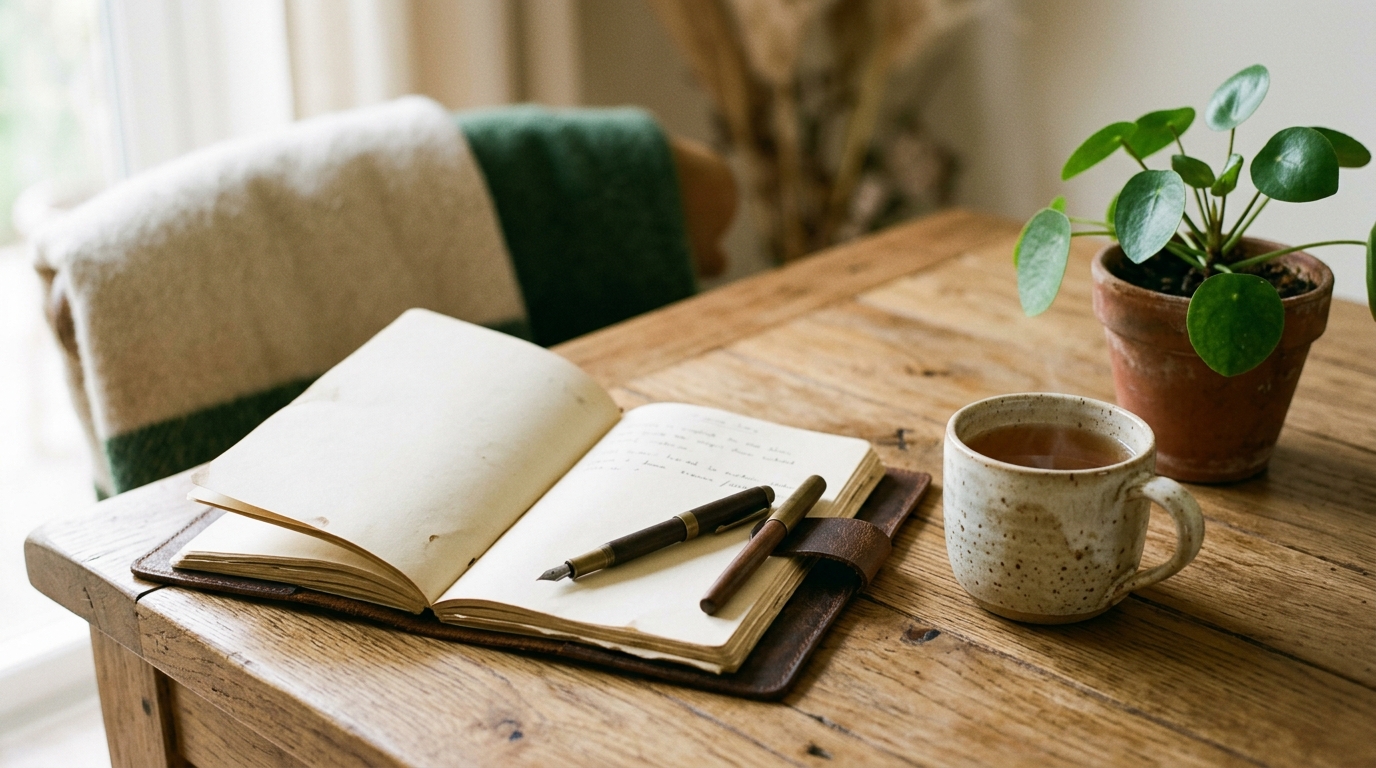 Aufgeschlagenes Notizbuch mit Stift und Tasse Tee im Morgenlicht &ndash; Symbol f&uuml;r NLP-Techniken im Alltag