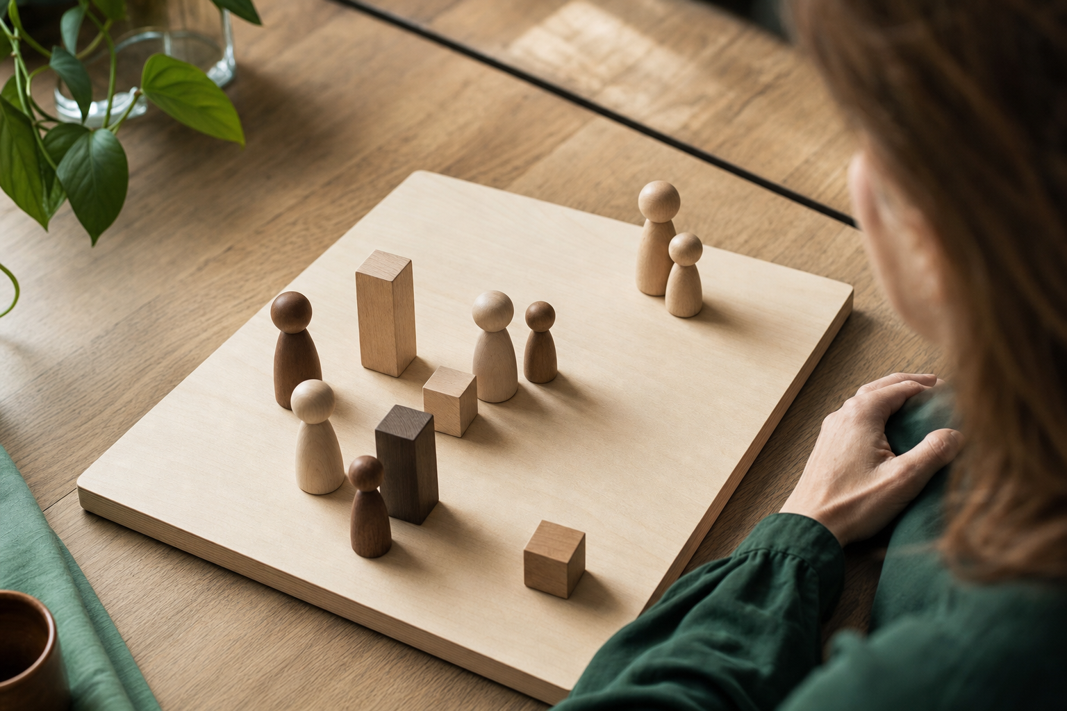 Einfache Holzfiguren und Kl&ouml;tze auf einem hellen Systembrett in Beziehung zueinander aufgestellt &ndash; Sinnbild f&uuml;r eine systemische Organisationsaufstellung, die Rollen und Beziehungen im Unternehmen sichtbar macht