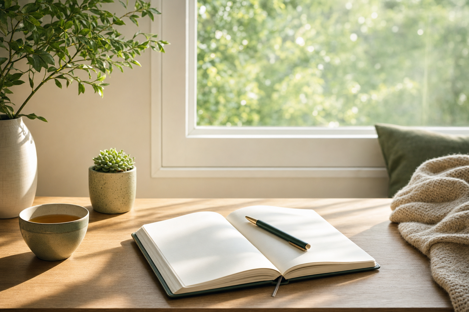 Aufgeschlagenes Notizbuch mit Tee und Pflanze am sonnigen Fenster &ndash; Symbol f&uuml;r Klarheit und das Setzen sinnvoller Ziele
