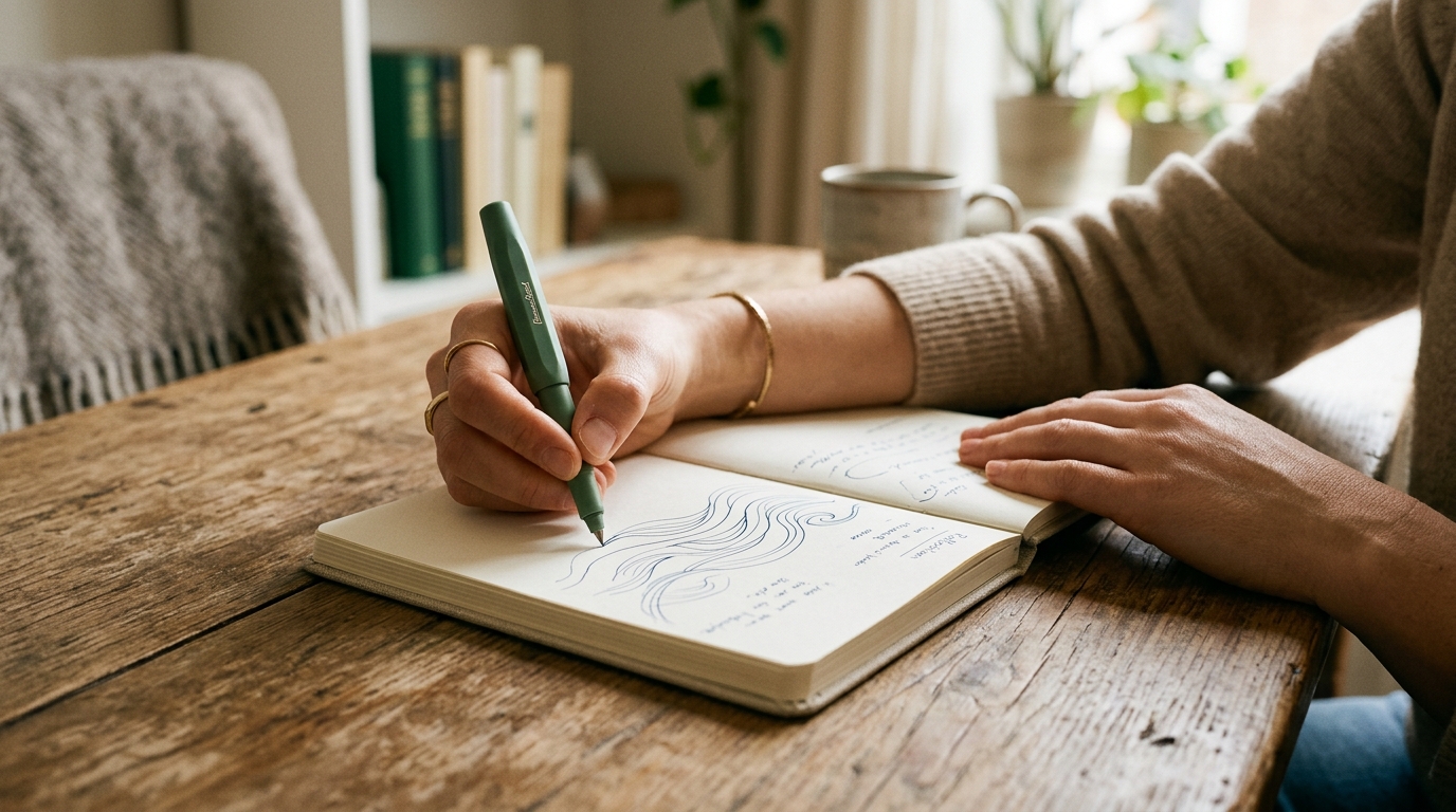 H&auml;nde mit Notizbuch und sanften Wellenlinien &ndash; Symbol f&uuml;r wingwave-Coaching