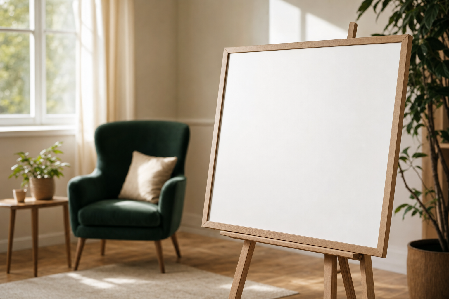 Leere Tafel auf einer Staffelei in einem ruhigen, sonnendurchfluteten Coaching-Raum &ndash; Sinnbild f&uuml;r die innere Tafel, auf der beim Yager-Code das Zentrum antwortet